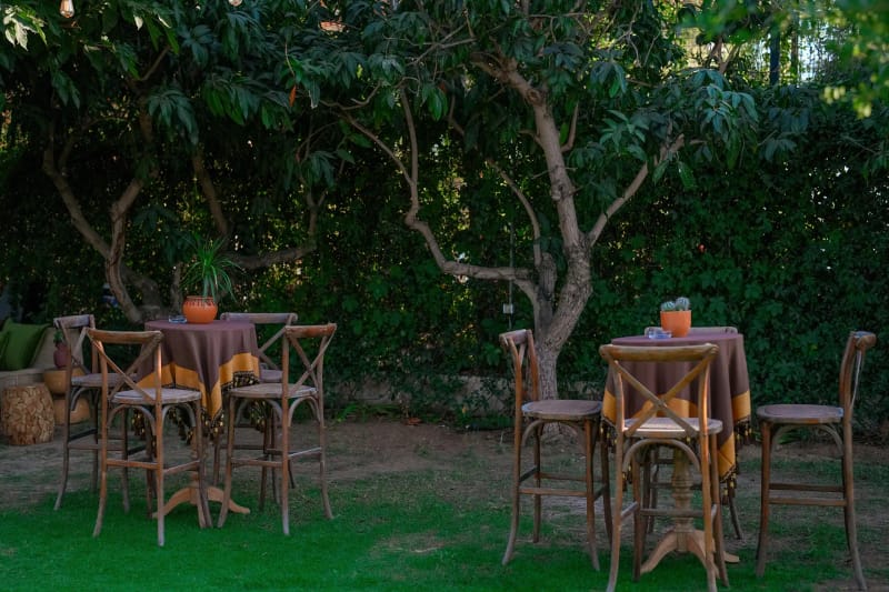Two high cocktail tables with wooden stools and brown cloths under a tree beside a green hedge