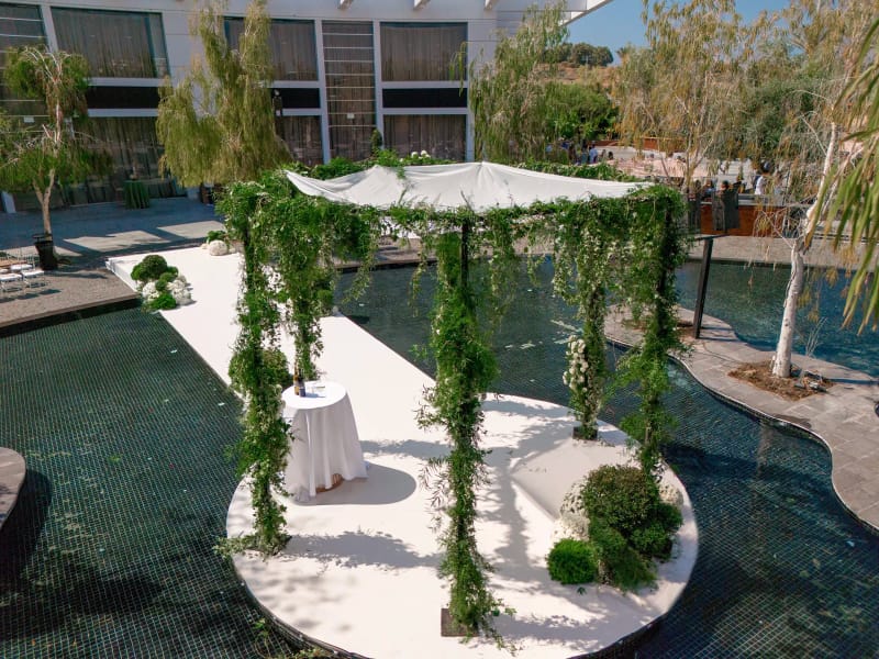 Aerial view of a white-topped canopy with greenery-wrapped posts on a white island in a dark pond, with birch trees