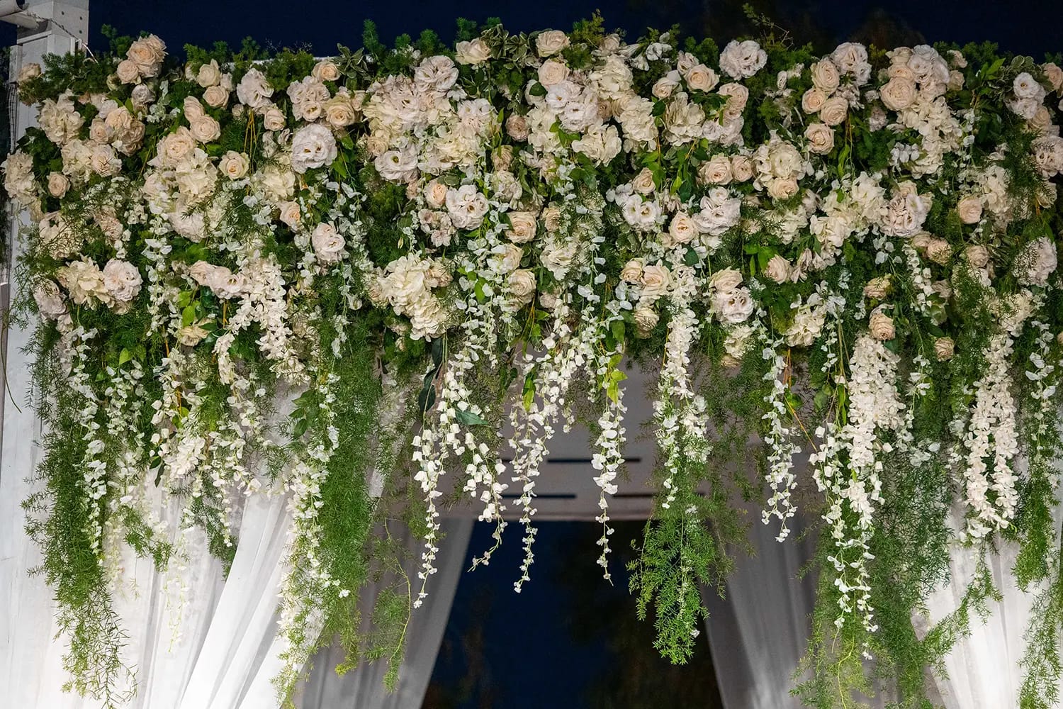 Dais dense de roses blanches avec des guirlandes vertes retombantes au-dessus de voiles blancs, en gros plan